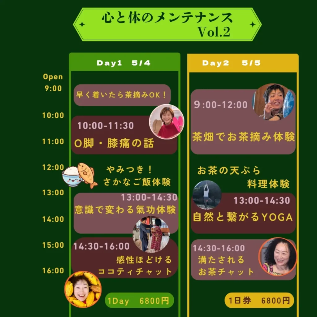 【三重県尾鷲市】三木里「ながらのおうち 心と体のメンテナンス Vol.2」開催｜お茶摘み・ヨガ・気功・足のお話で整える2日間